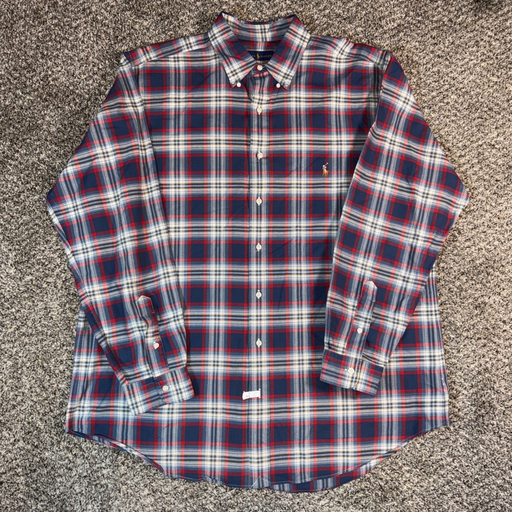 Ralph Lauren Mens XLT Tall Plaid Button Down Shirt Navy Red White Cotton